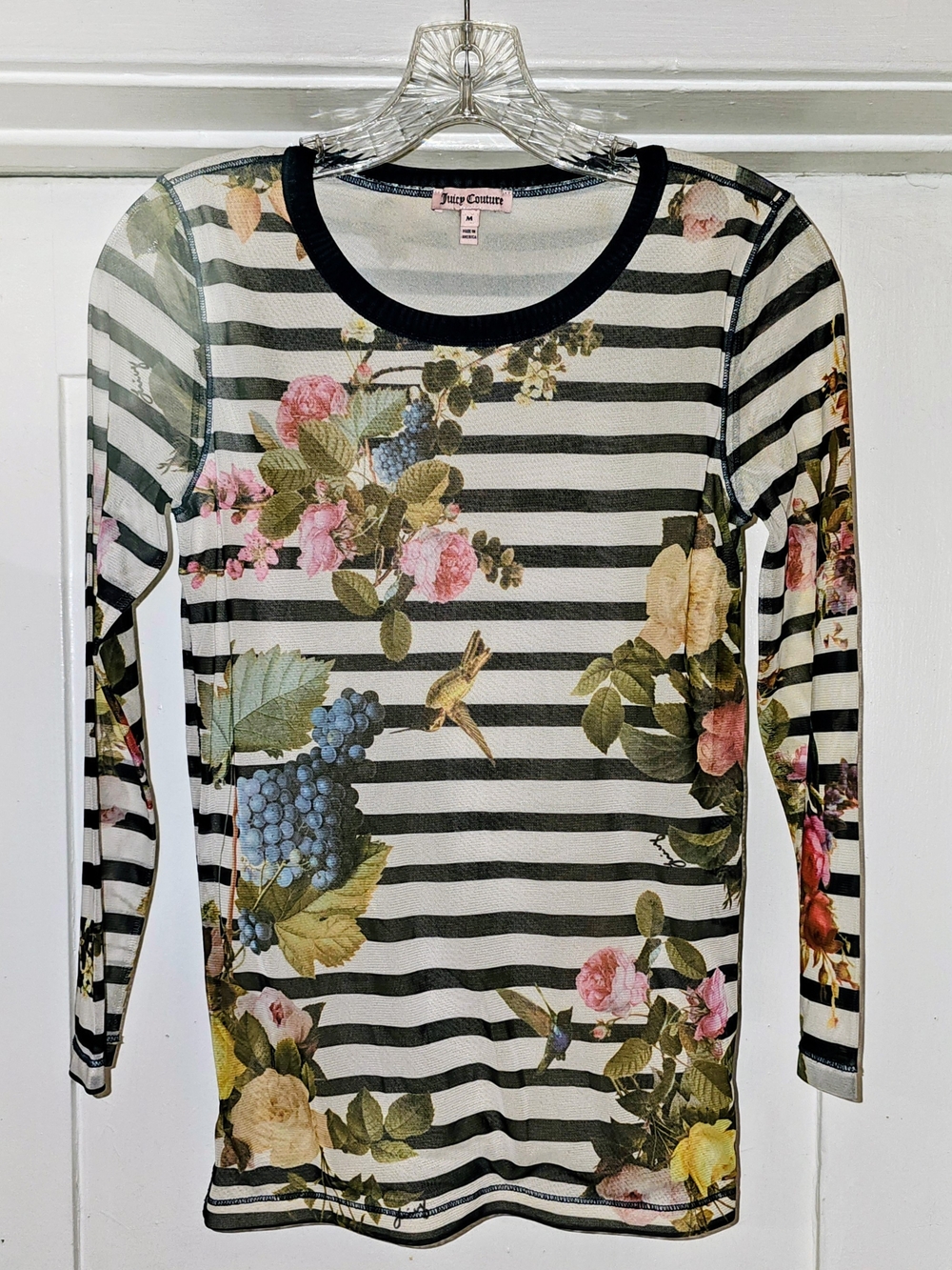 Juicy Couture Navy  Blue & White Striped Floral Mesh Long-Sleeve Top